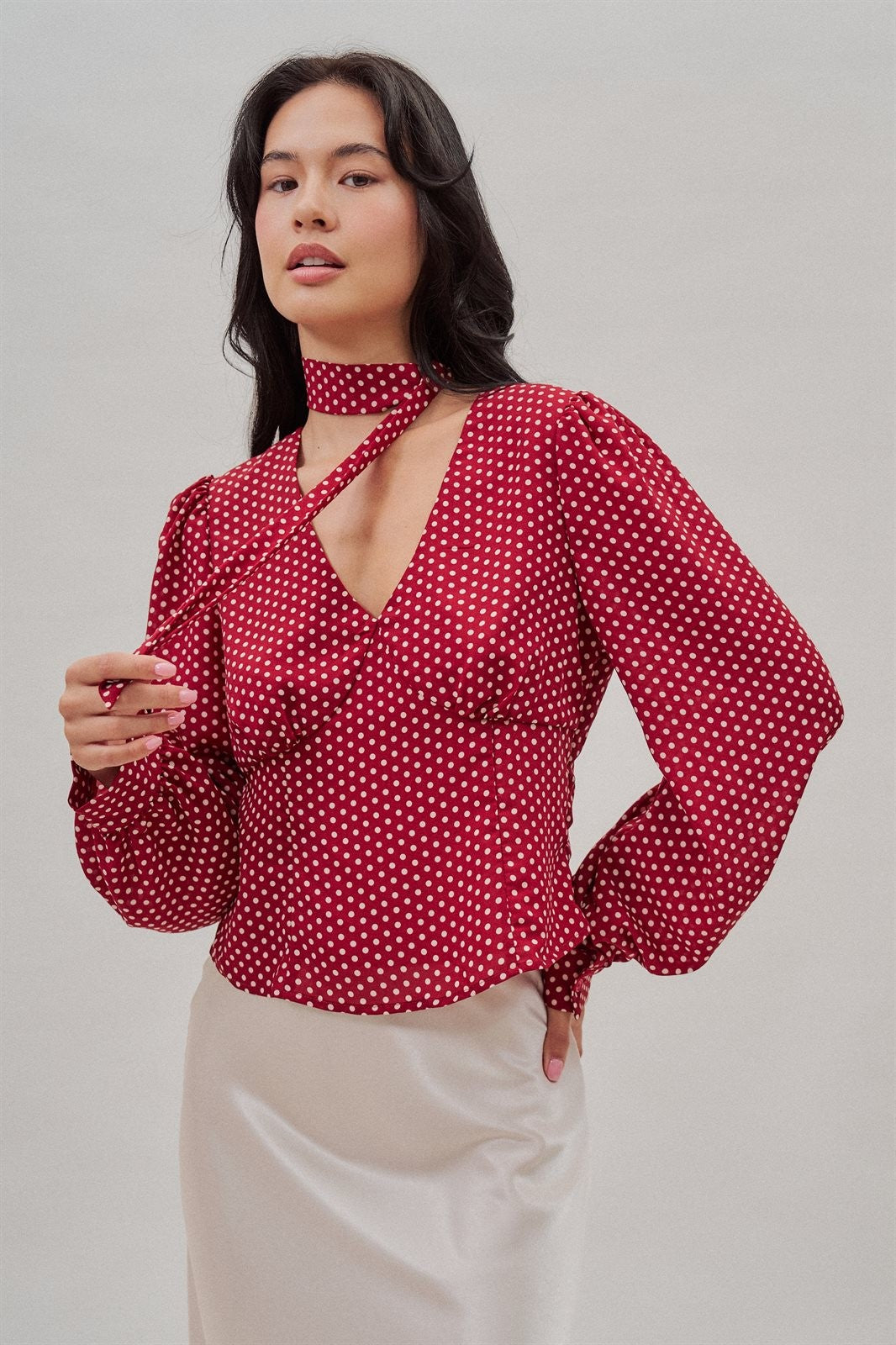 Polka Dot Satin Blouse with Tie Neck and Puff Sleeves in Burgundy - Women's Wholesale Blankets | Trend Notes