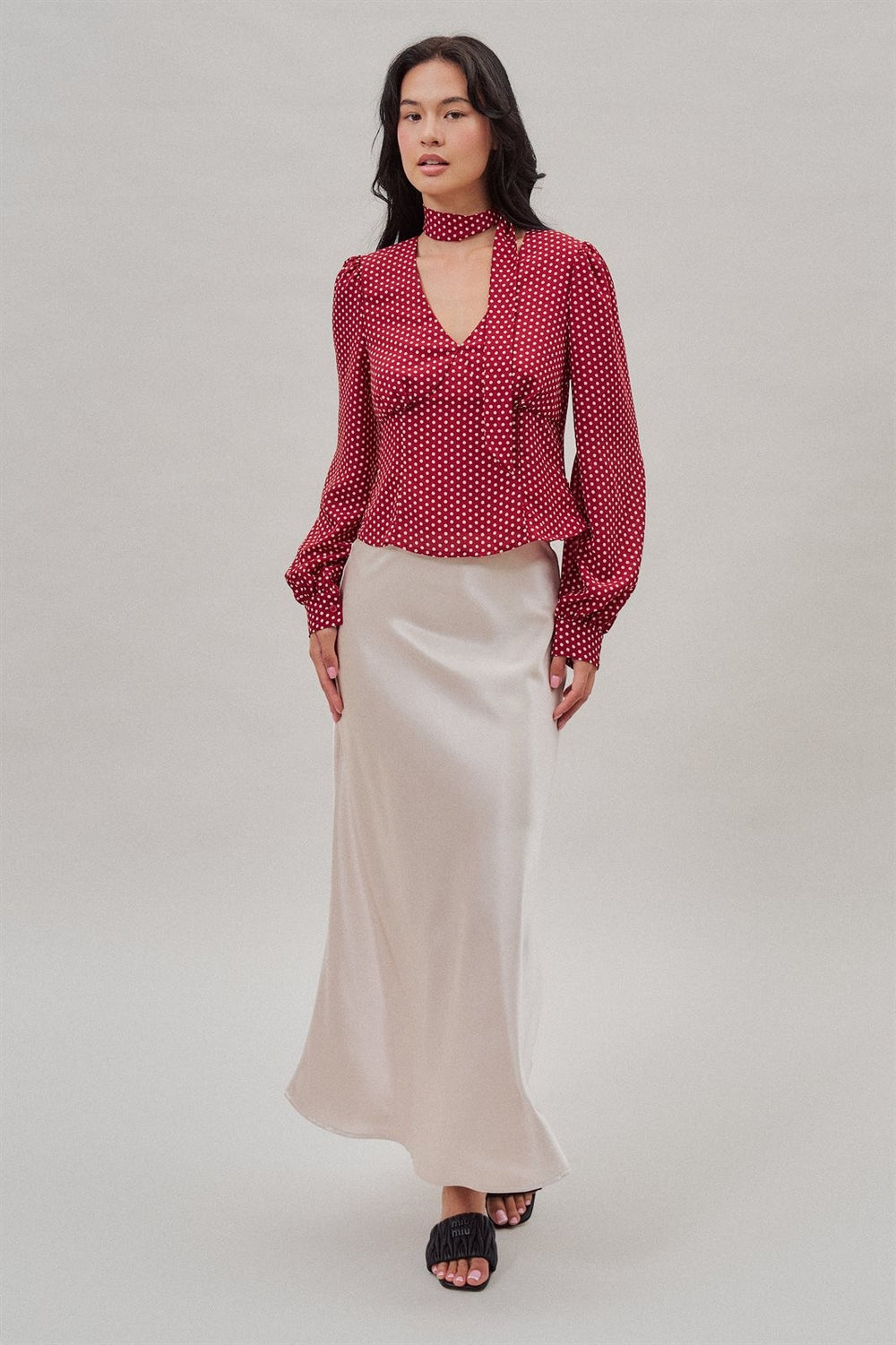 Polka Dot Satin Blouse with Tie Neck and Puff Sleeves in Burgundy - Women's Wholesale Blankets | Trend Notes