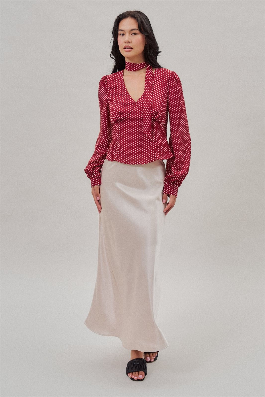 Polka Dot Satin Blouse with Tie Neck and Puff Sleeves in Burgundy - Women's Wholesale Blankets | Trend Notes