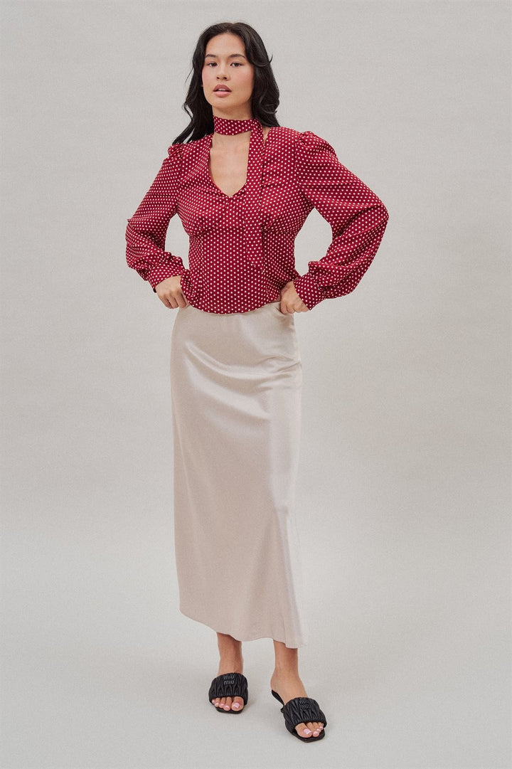 Polka Dot Satin Blouse with Tie Neck and Puff Sleeves in Burgundy - Women's Wholesale Blankets | Trend Notes