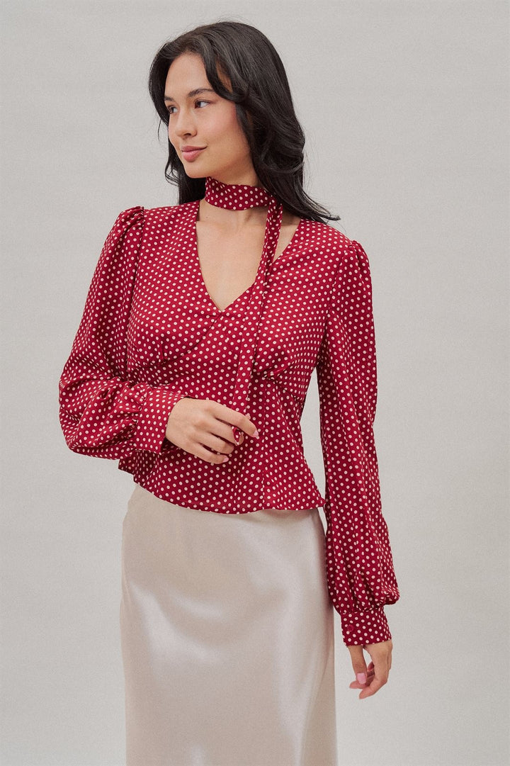 Polka Dot Satin Blouse with Tie Neck and Puff Sleeves in Burgundy - Women's Wholesale Blankets | Trend Notes