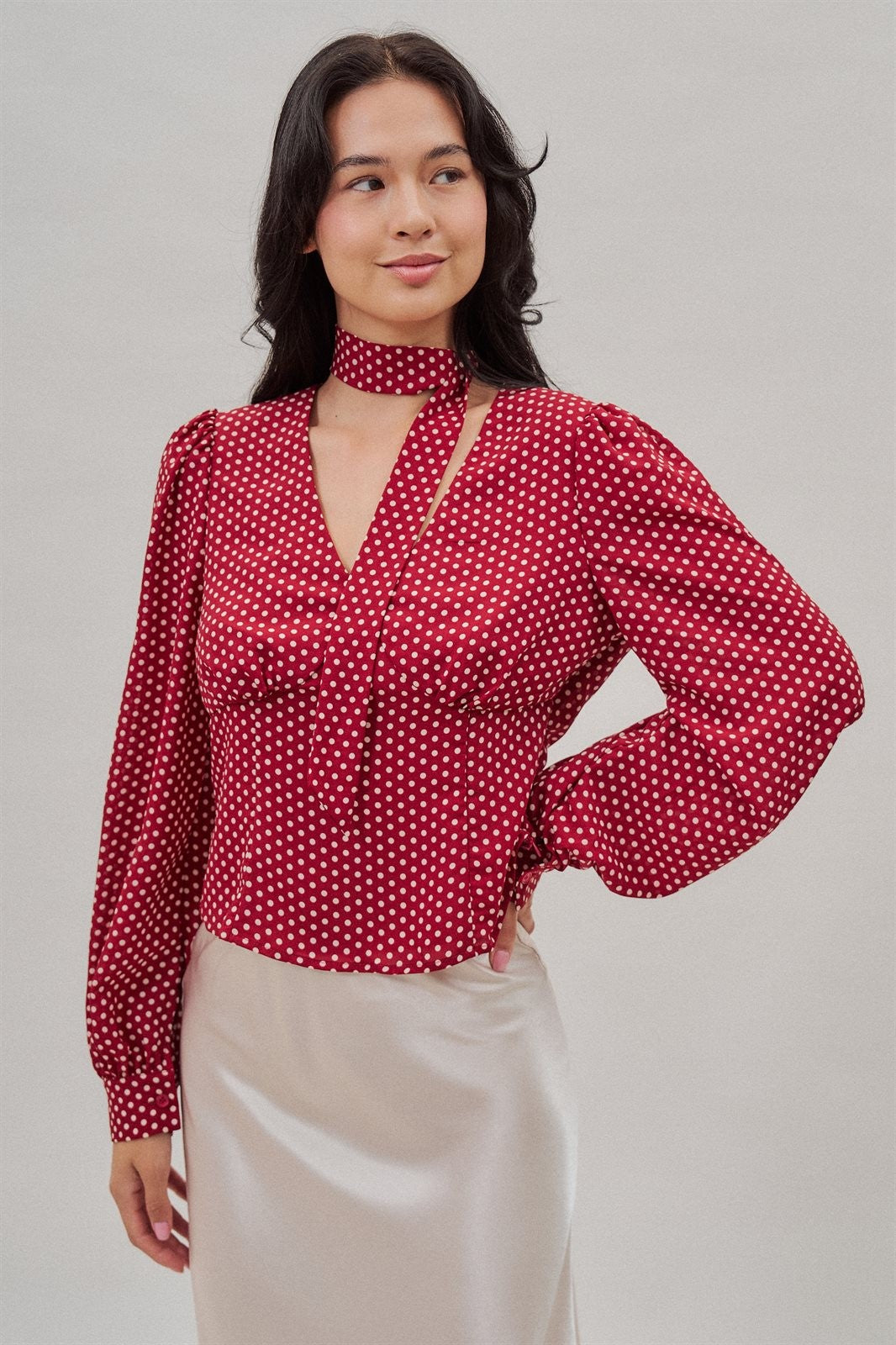 Polka Dot Satin Blouse with Tie Neck and Puff Sleeves in Burgundy - Women's Wholesale Blankets | Trend Notes