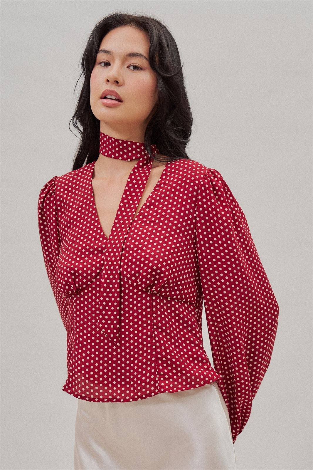Polka Dot Satin Blouse with Tie Neck and Puff Sleeves in Burgundy - Women's Wholesale Blankets | Trend Notes