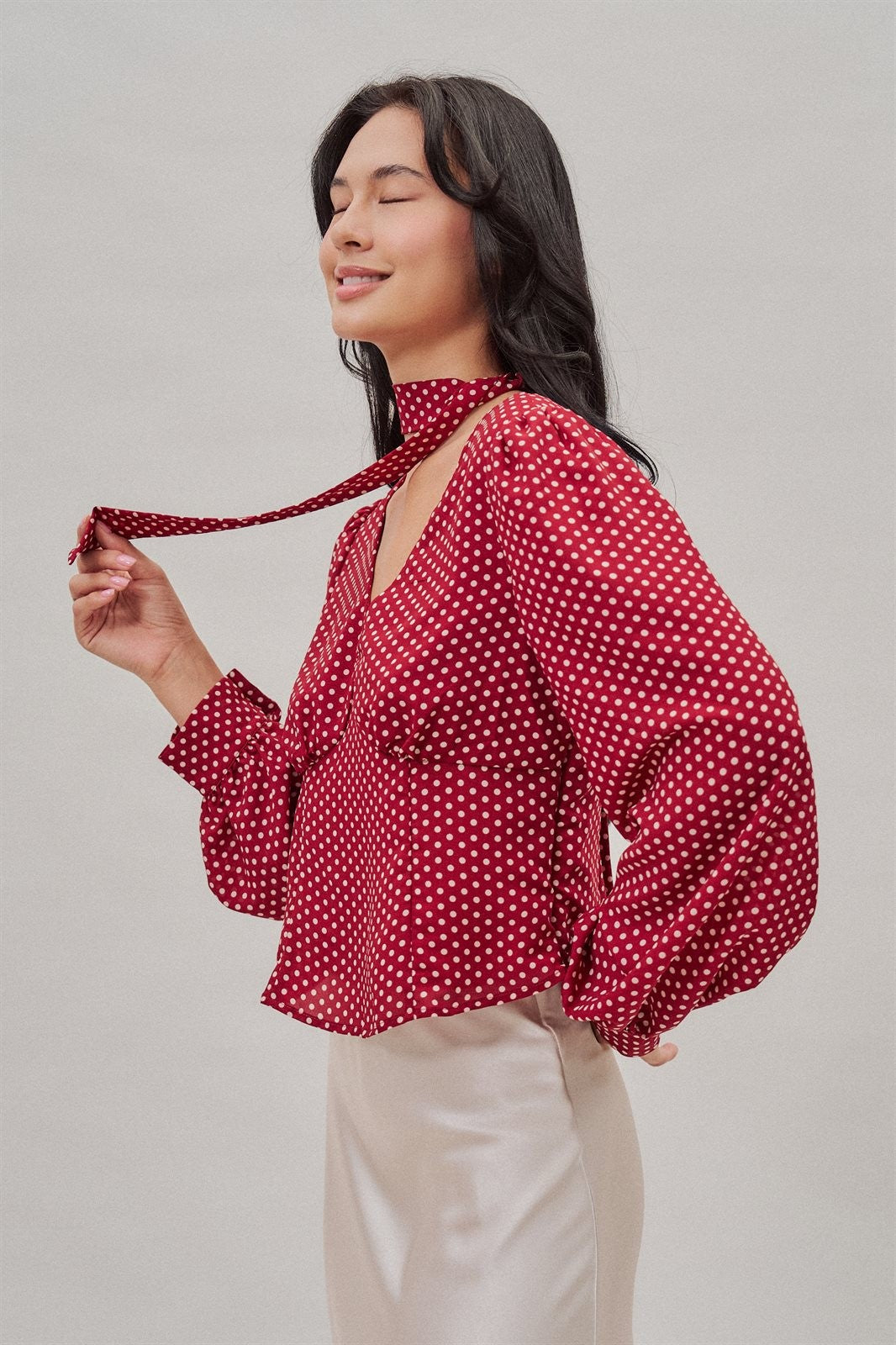 Polka Dot Satin Blouse with Tie Neck and Puff Sleeves in Burgundy - Women's Wholesale Blankets | Trend Notes