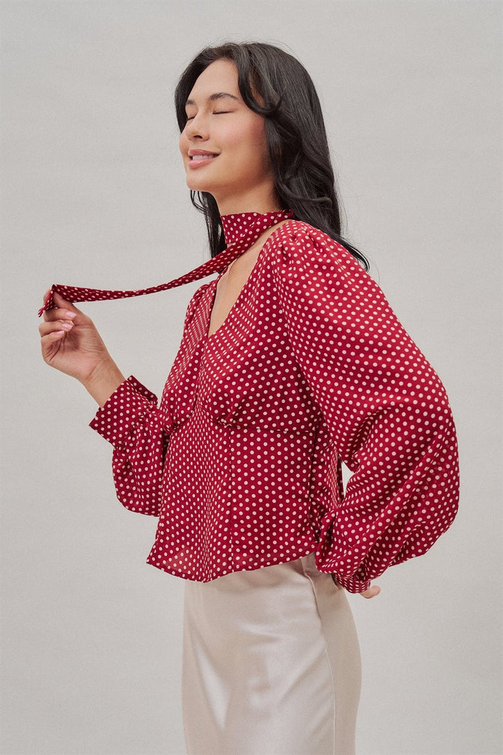 Polka Dot Satin Blouse with Tie Neck and Puff Sleeves in Burgundy - Women's Wholesale Blankets | Trend Notes