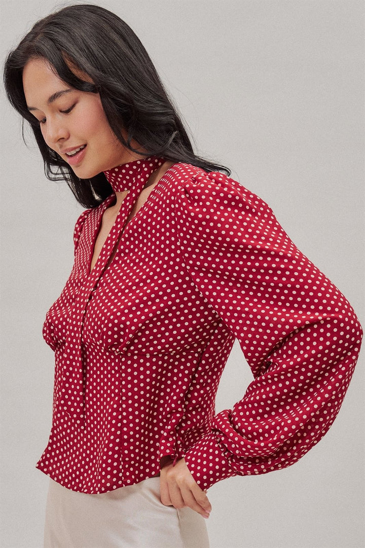 Polka Dot Satin Blouse with Tie Neck and Puff Sleeves in Burgundy - Women's Wholesale Blankets | Trend Notes