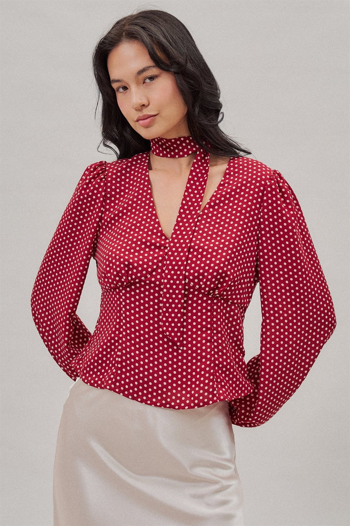 Polka Dot Satin Blouse with Tie Neck and Puff Sleeves in Burgundy - Women's Wholesale Blankets | Trend Notes