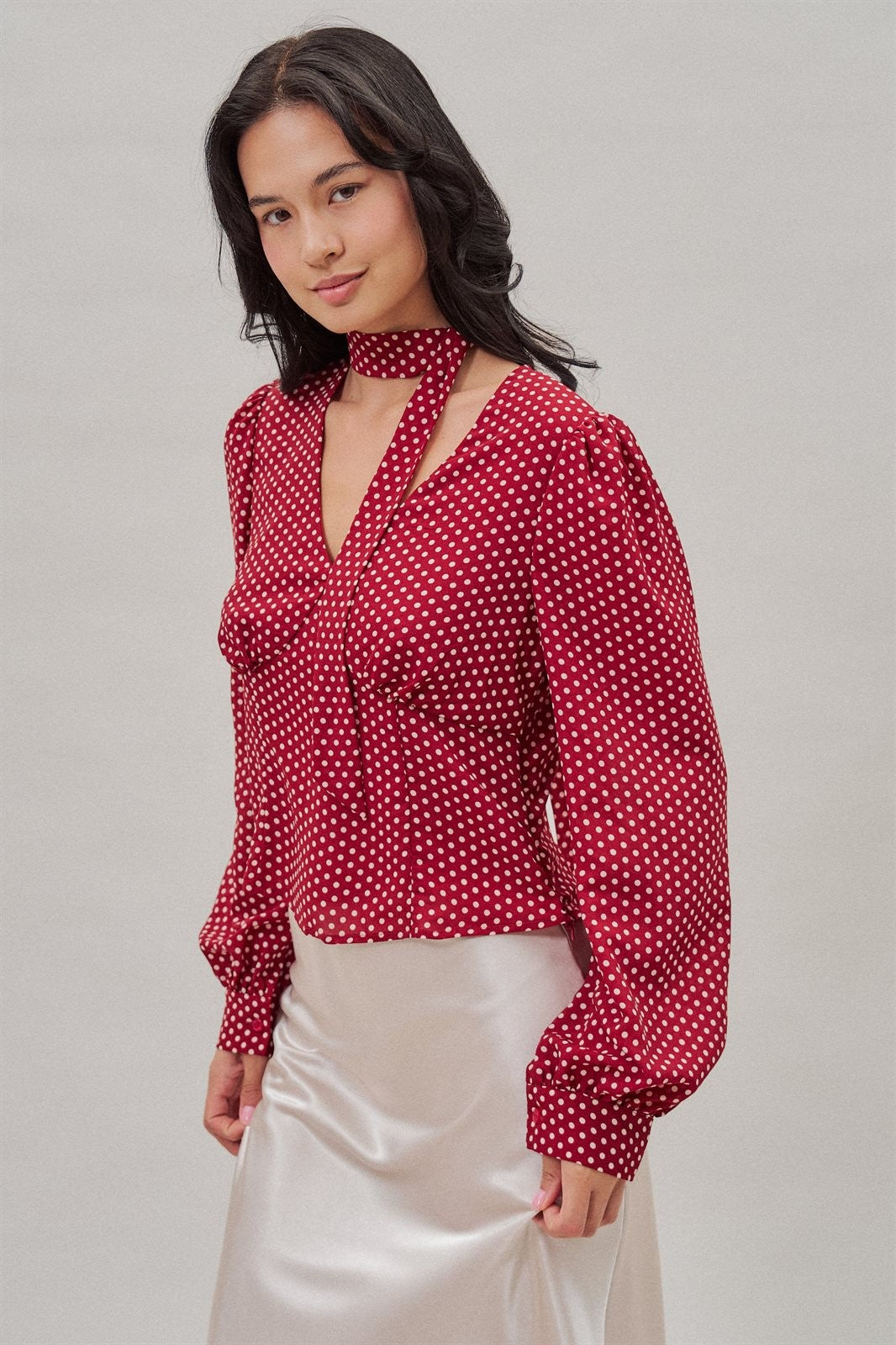 Polka Dot Satin Blouse with Tie Neck and Puff Sleeves in Burgundy - Women's Wholesale Blankets | Trend Notes