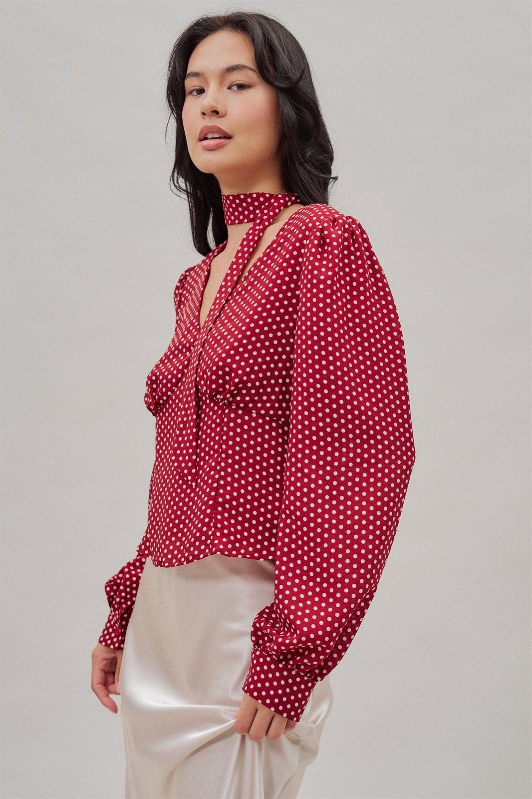Polka Dot Satin Blouse with Tie Neck and Puff Sleeves in Burgundy - Women's Wholesale Blankets | Trend Notes