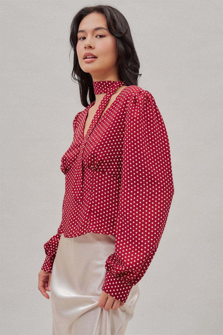 Polka Dot Satin Blouse with Tie Neck and Puff Sleeves in Burgundy - Women's Wholesale Blankets | Trend Notes