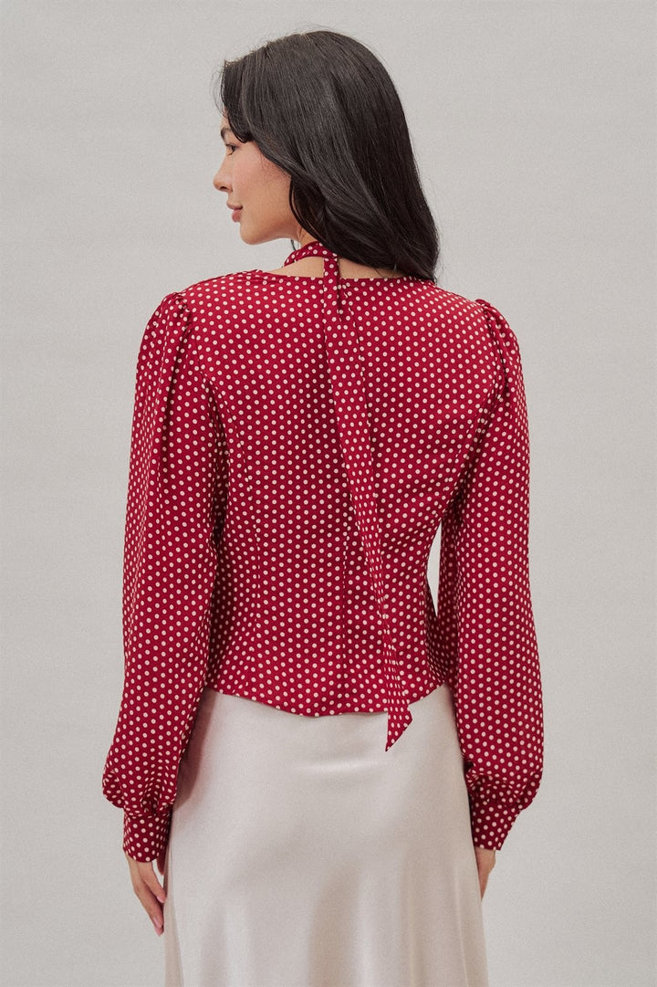 Polka Dot Satin Blouse with Tie Neck and Puff Sleeves in Burgundy - Women's Wholesale Blankets | Trend Notes
