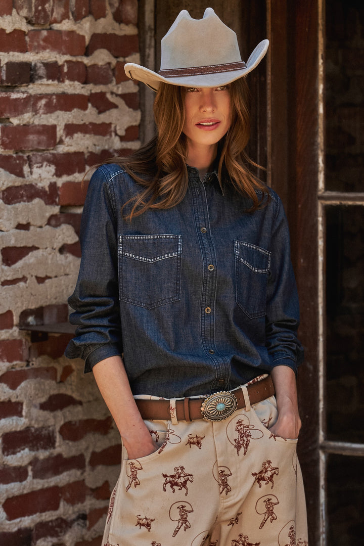 Washed Denim Chambray Button Up Shirt with Contrast Stitch in Dk Denim - Women's Wholesale Shirts & Blouses | Trend Notes