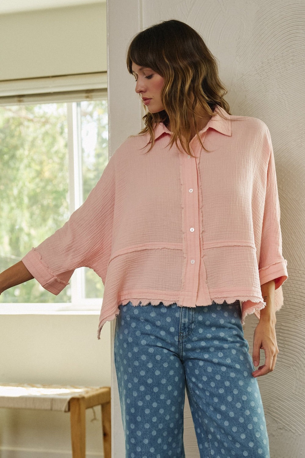 Soft Focus Gauze Button Down Shirt in Pink - Women's Wholesale Shirts & Blouses | Trend Notes