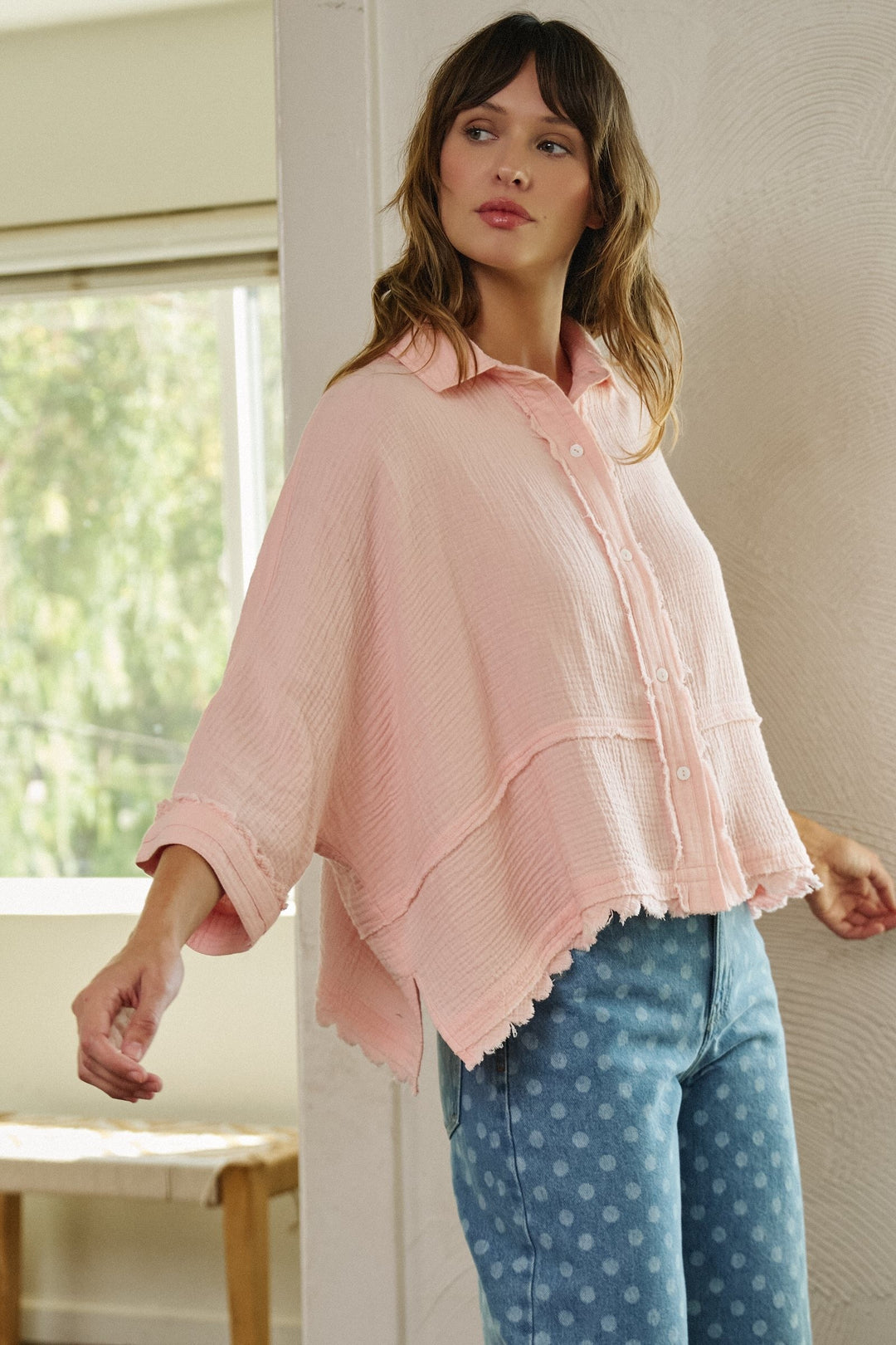 Soft Focus Gauze Button Down Shirt in Pink - Women's Wholesale Shirts & Blouses | Trend Notes