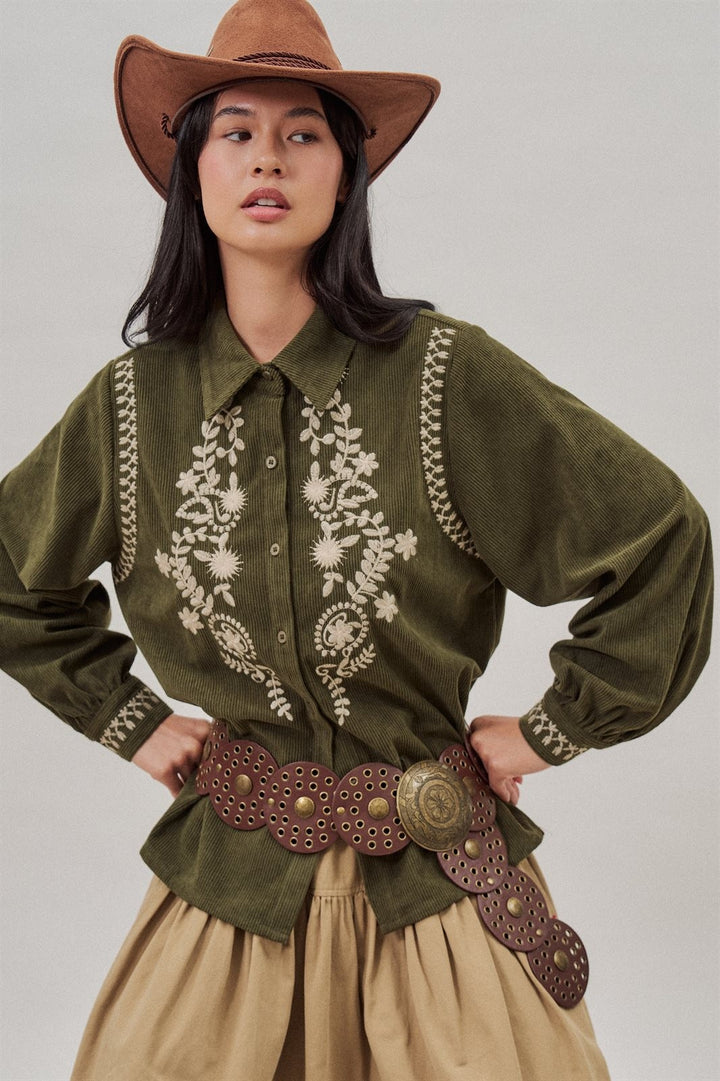 Embroidered Corduroy Western Shirt with Floral Stitch in Olive - Women's Wholesale Blankets | Trend Notes