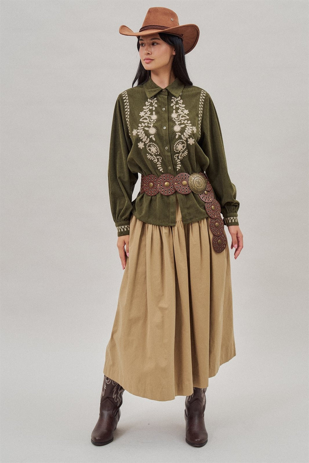 Embroidered Corduroy Western Shirt with Floral Stitch in Olive - Women's Wholesale Blankets | Trend Notes