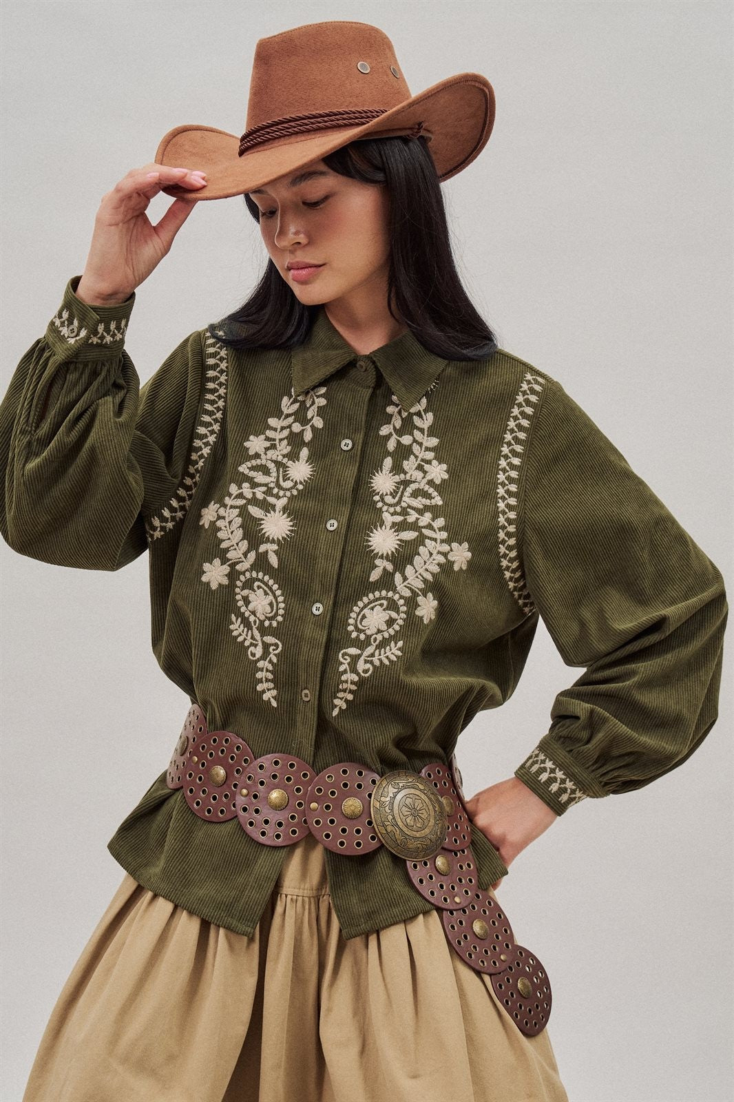 Embroidered Corduroy Western Shirt with Floral Stitch in Olive - Women's Wholesale Blankets | Trend Notes