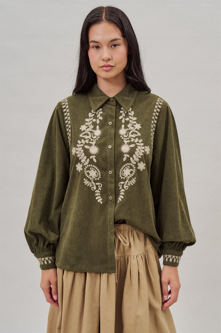 Embroidered Corduroy Western Shirt with Floral Stitch in Olive - Women's Wholesale Blankets | Trend Notes