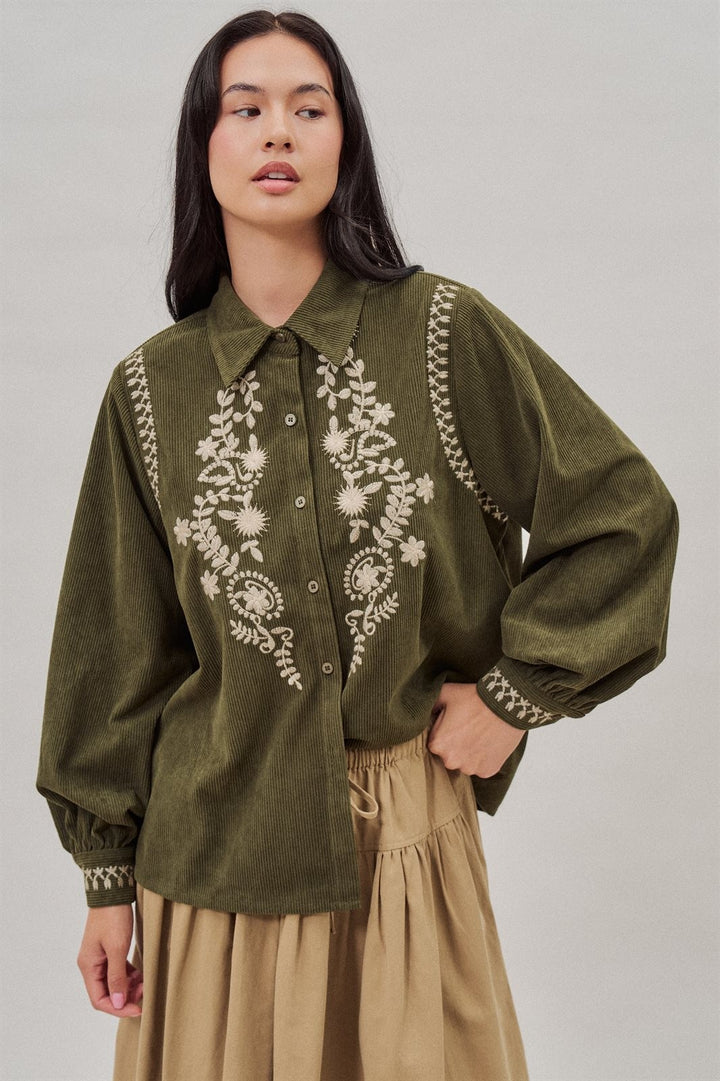 Embroidered Corduroy Western Shirt with Floral Stitch in Olive - Women's Wholesale Blankets | Trend Notes