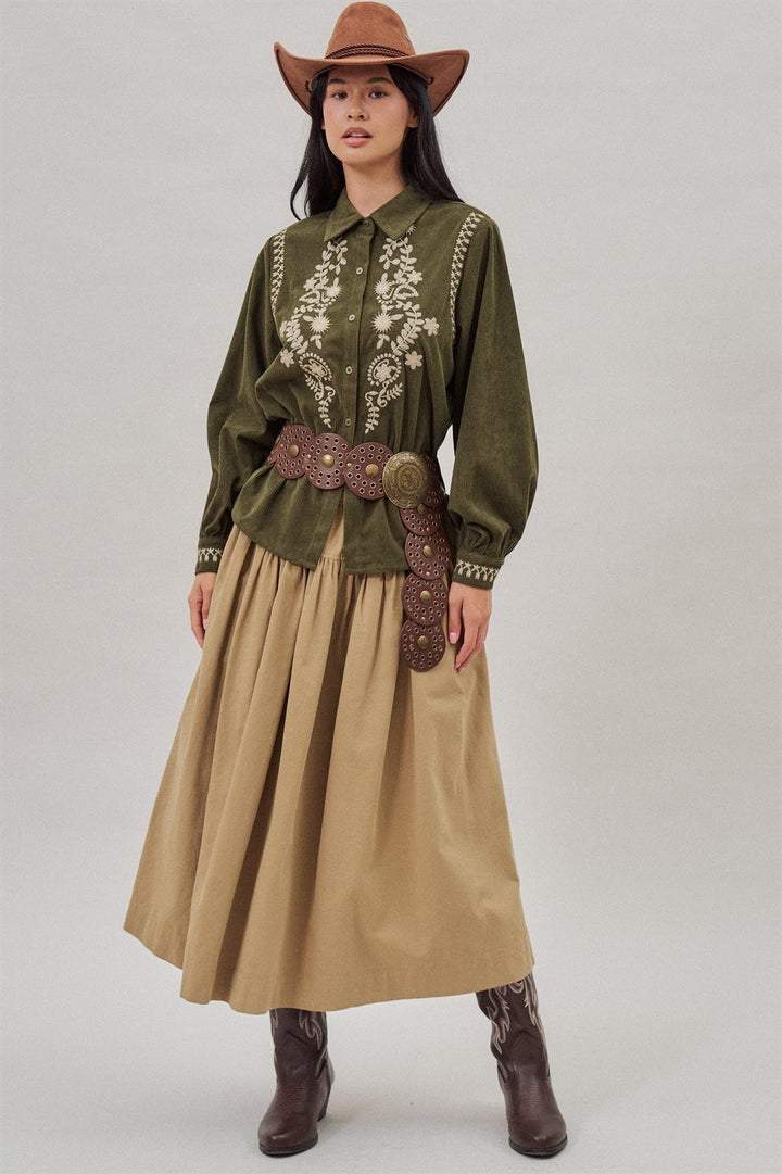 Embroidered Corduroy Western Shirt with Floral Stitch in Olive - Women's Wholesale Blankets | Trend Notes