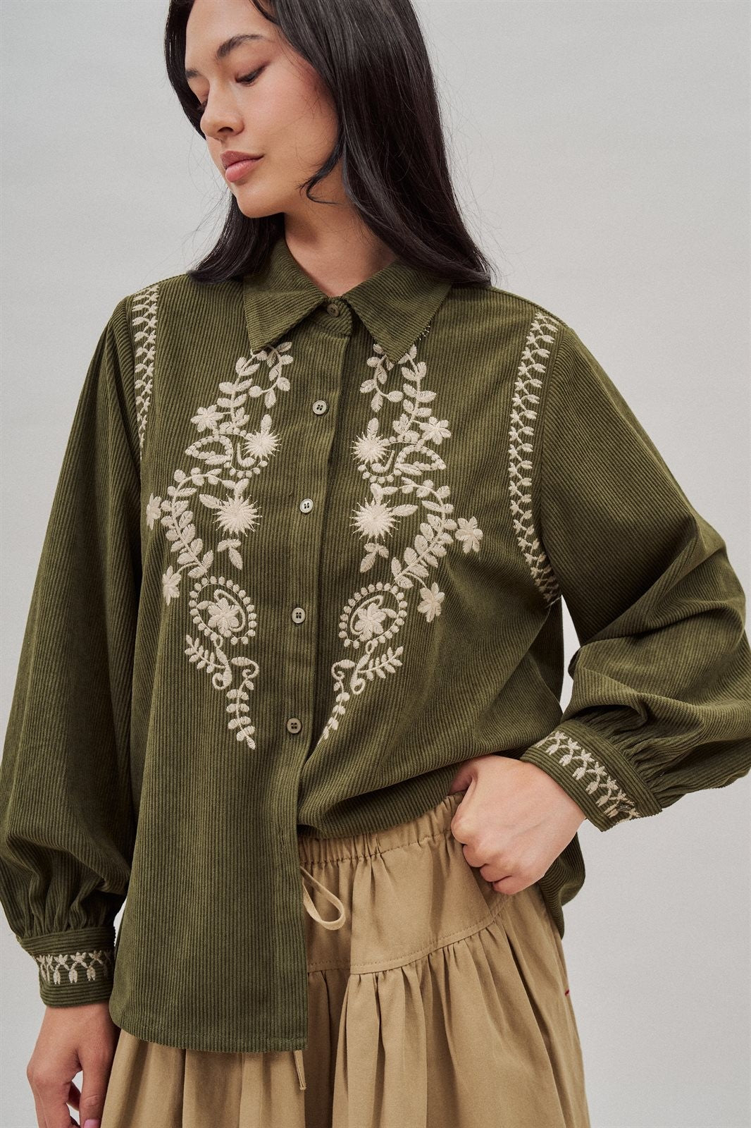 Embroidered Corduroy Western Shirt with Floral Stitch in Olive - Women's Wholesale Blankets | Trend Notes