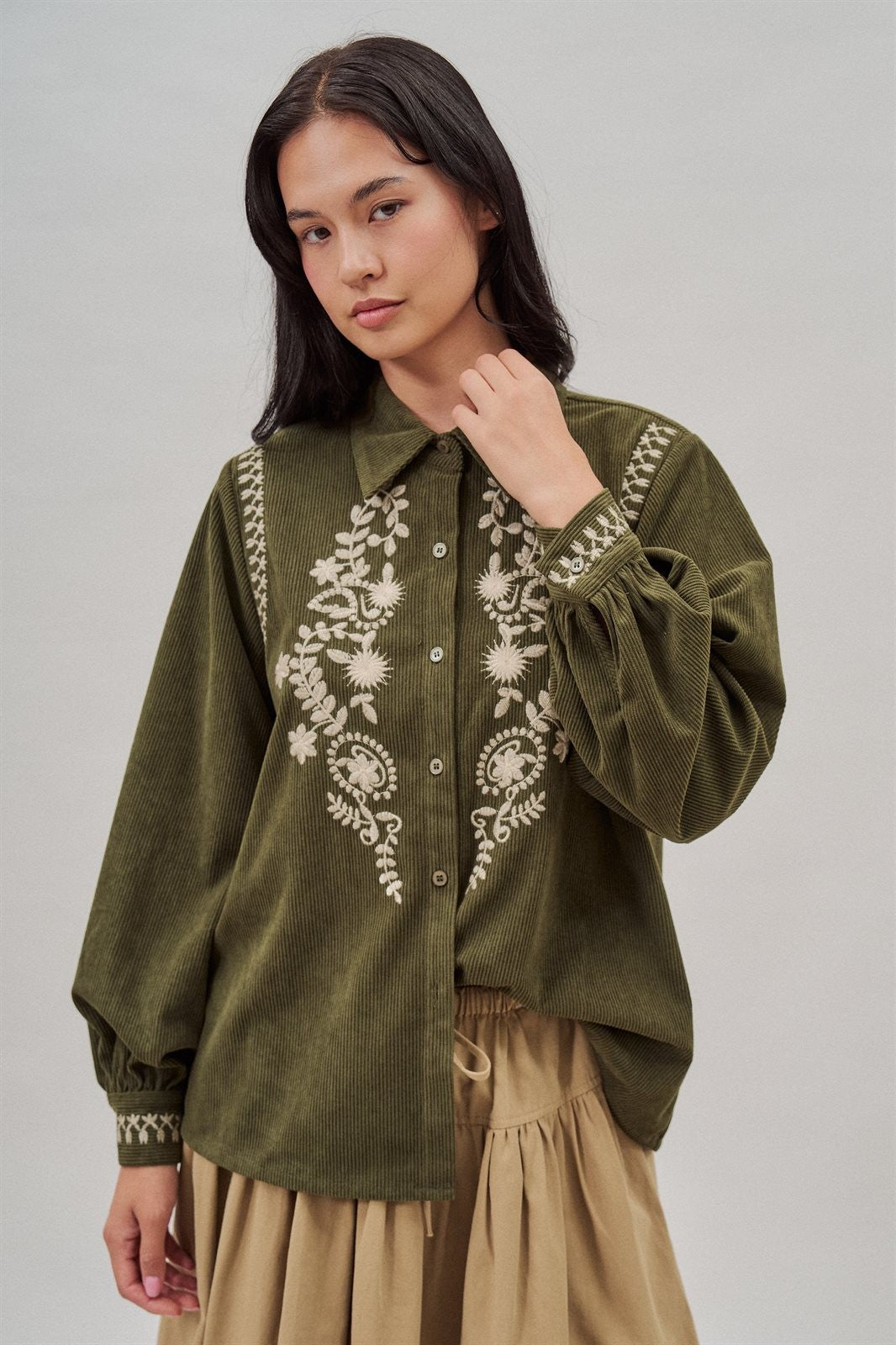 Embroidered Corduroy Western Shirt with Floral Stitch in Olive - Women's Wholesale Blankets | Trend Notes