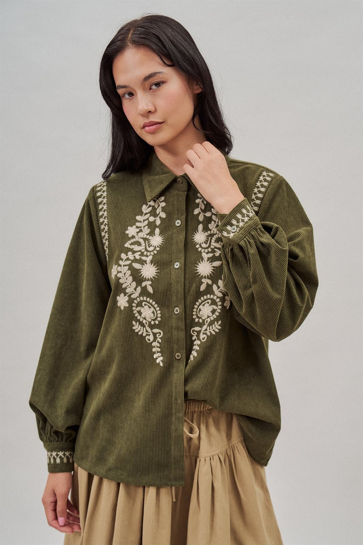 Embroidered Corduroy Western Shirt with Floral Stitch in Olive - Women's Wholesale Blankets | Trend Notes