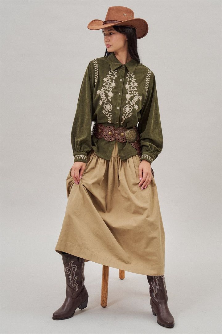 Embroidered Corduroy Western Shirt with Floral Stitch in Olive - Women's Wholesale Blankets | Trend Notes