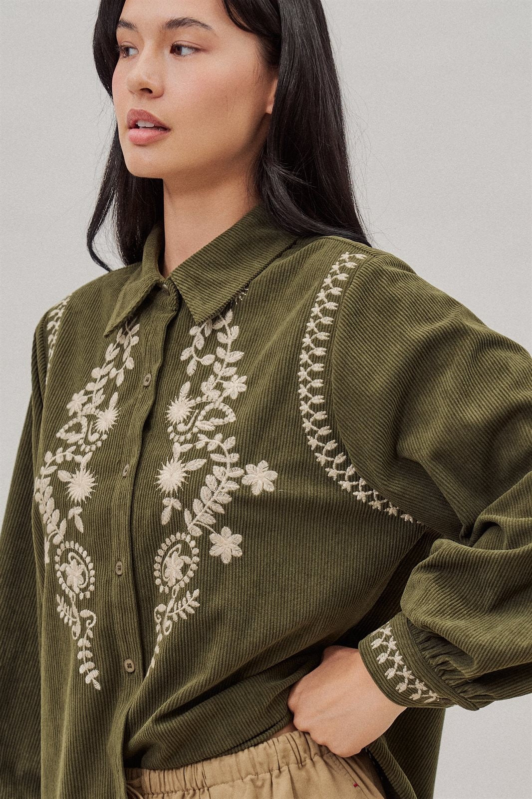 Embroidered Corduroy Western Shirt with Floral Stitch in Olive - Women's Wholesale Blankets | Trend Notes