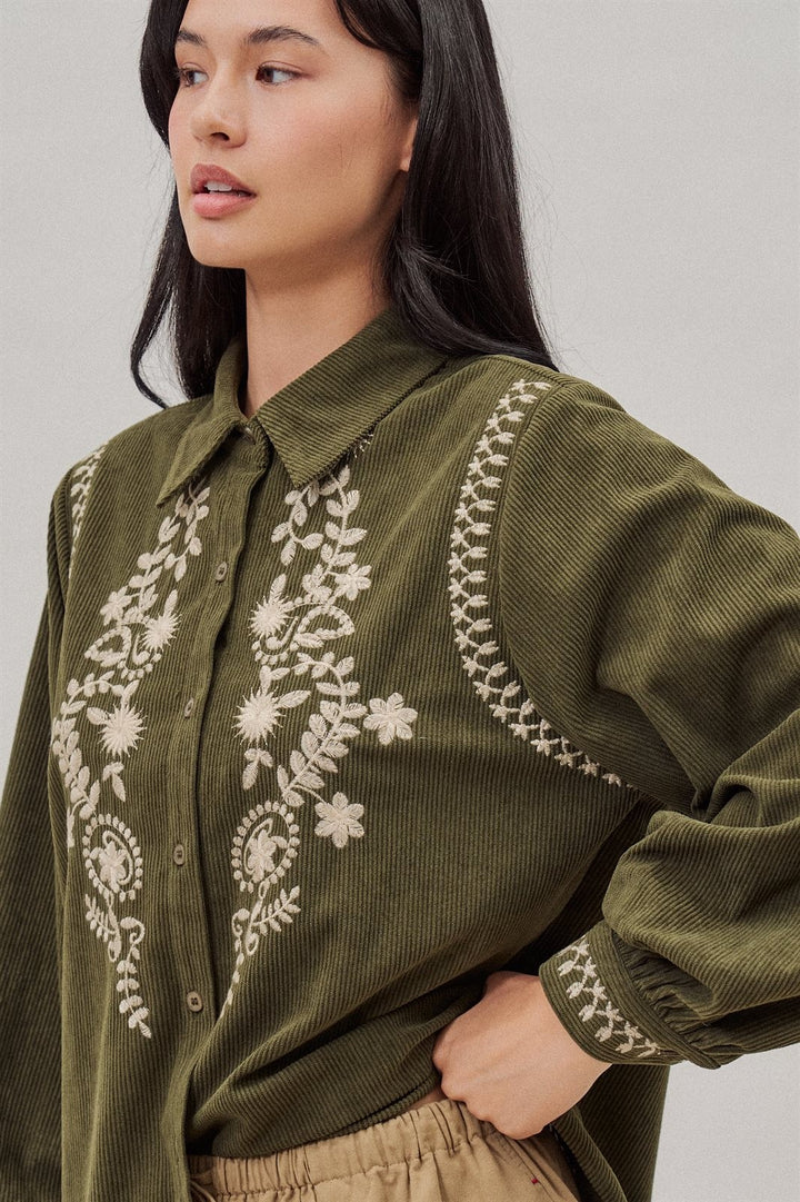 Embroidered Corduroy Western Shirt with Floral Stitch in Olive - Women's Wholesale Blankets | Trend Notes