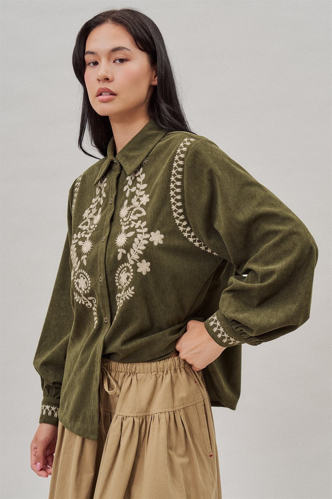 Embroidered Corduroy Western Shirt with Floral Stitch in Olive - Women's Wholesale Blankets | Trend Notes