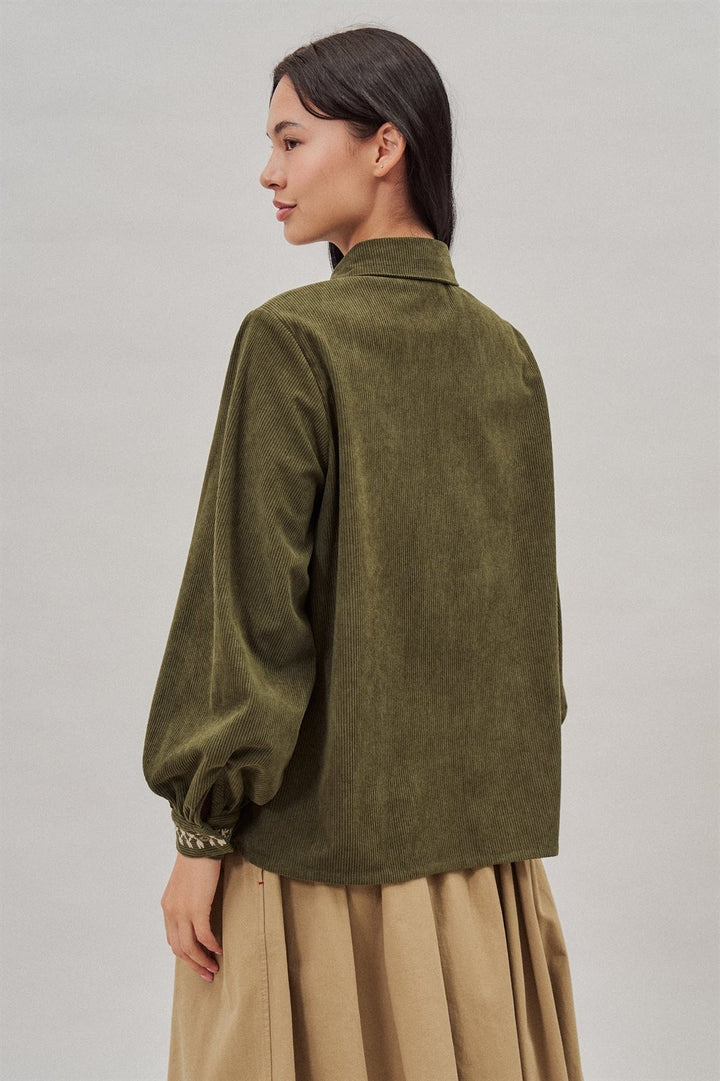 Embroidered Corduroy Western Shirt with Floral Stitch in Olive - Women's Wholesale Blankets | Trend Notes