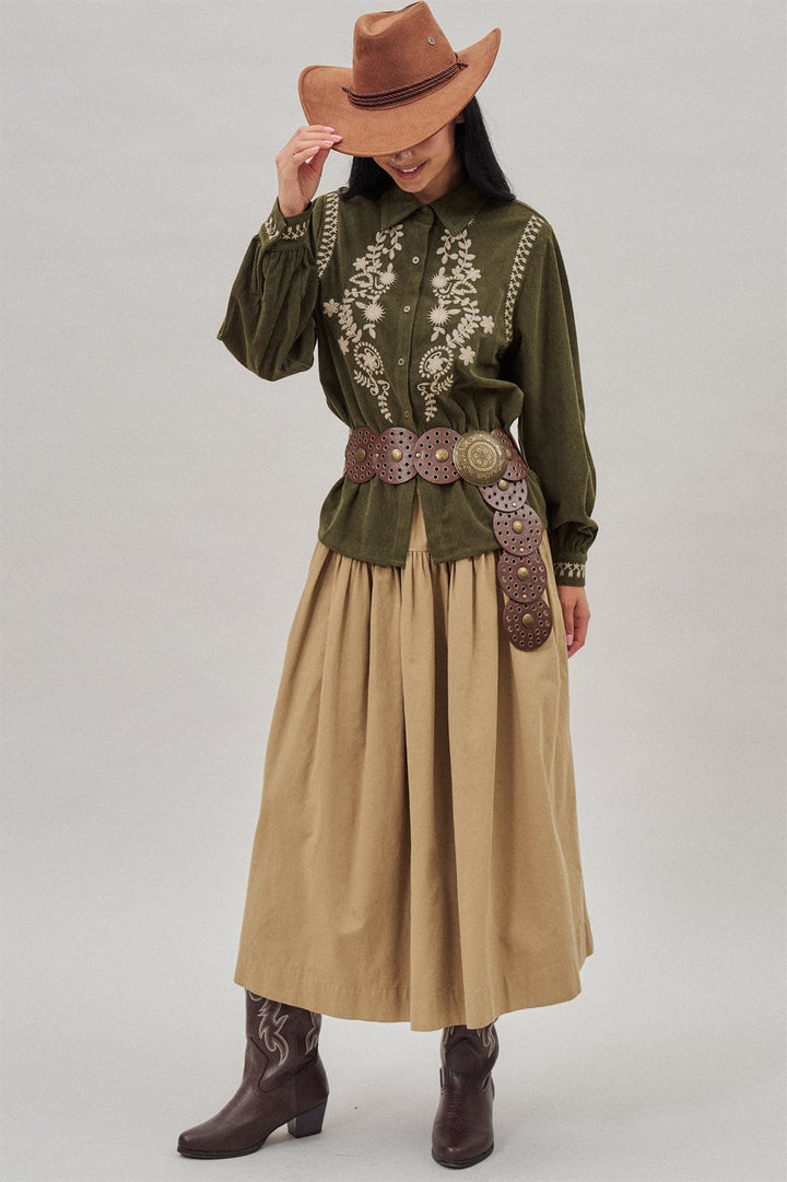 Embroidered Corduroy Western Shirt with Floral Stitch in Olive - Women's Wholesale Blankets | Trend Notes