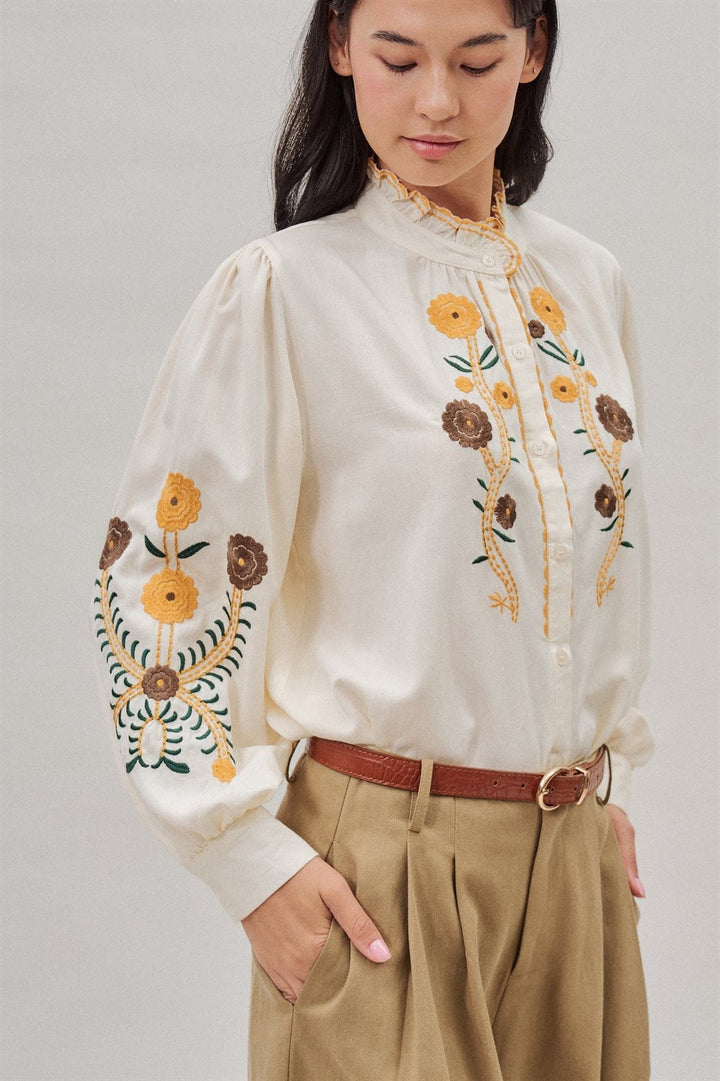 Embroidered Ruffle Neck Blouse in Western Folk Style in Ivory - Women's Wholesale Blankets | Trend Notes