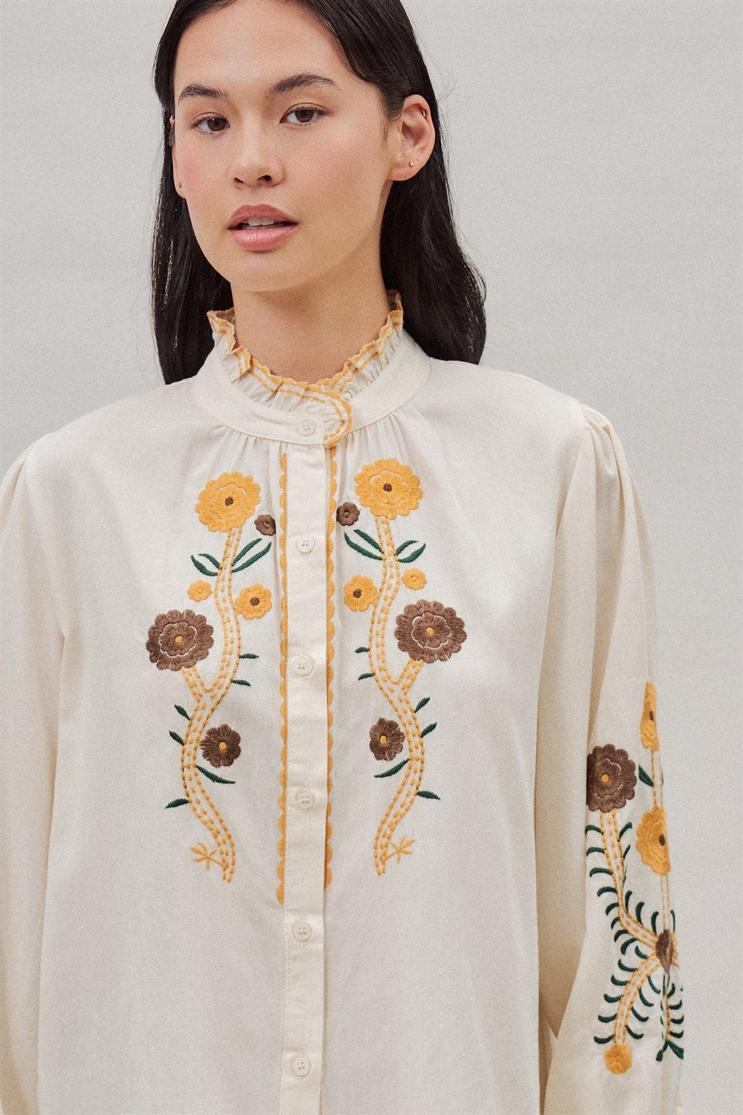 Embroidered Ruffle Neck Blouse in Western Folk Style in Ivory - Women's Wholesale Blankets | Trend Notes