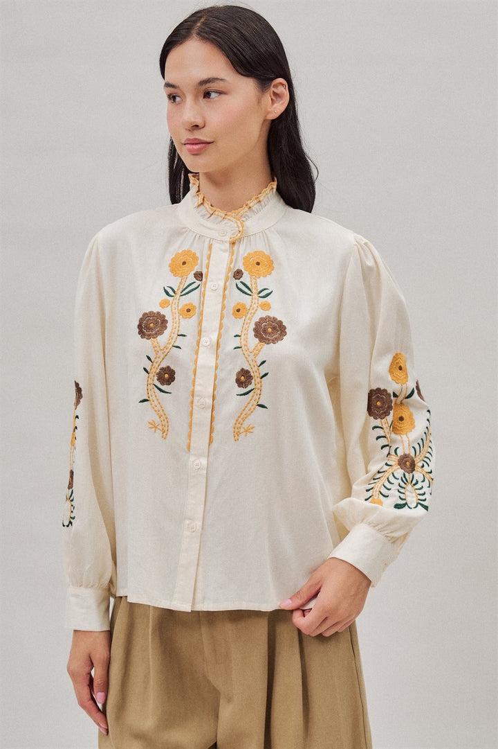 Embroidered Ruffle Neck Blouse in Western Folk Style in Ivory - Women's Wholesale Blankets | Trend Notes