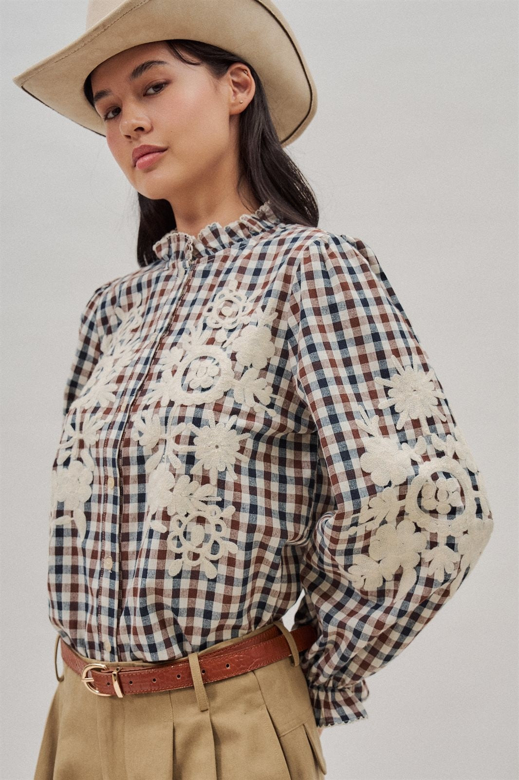 Floral Embroidered Gingham Blouse in Romantic Prairie Style in Brown Navy - Women's Wholesale Blankets | Trend Notes