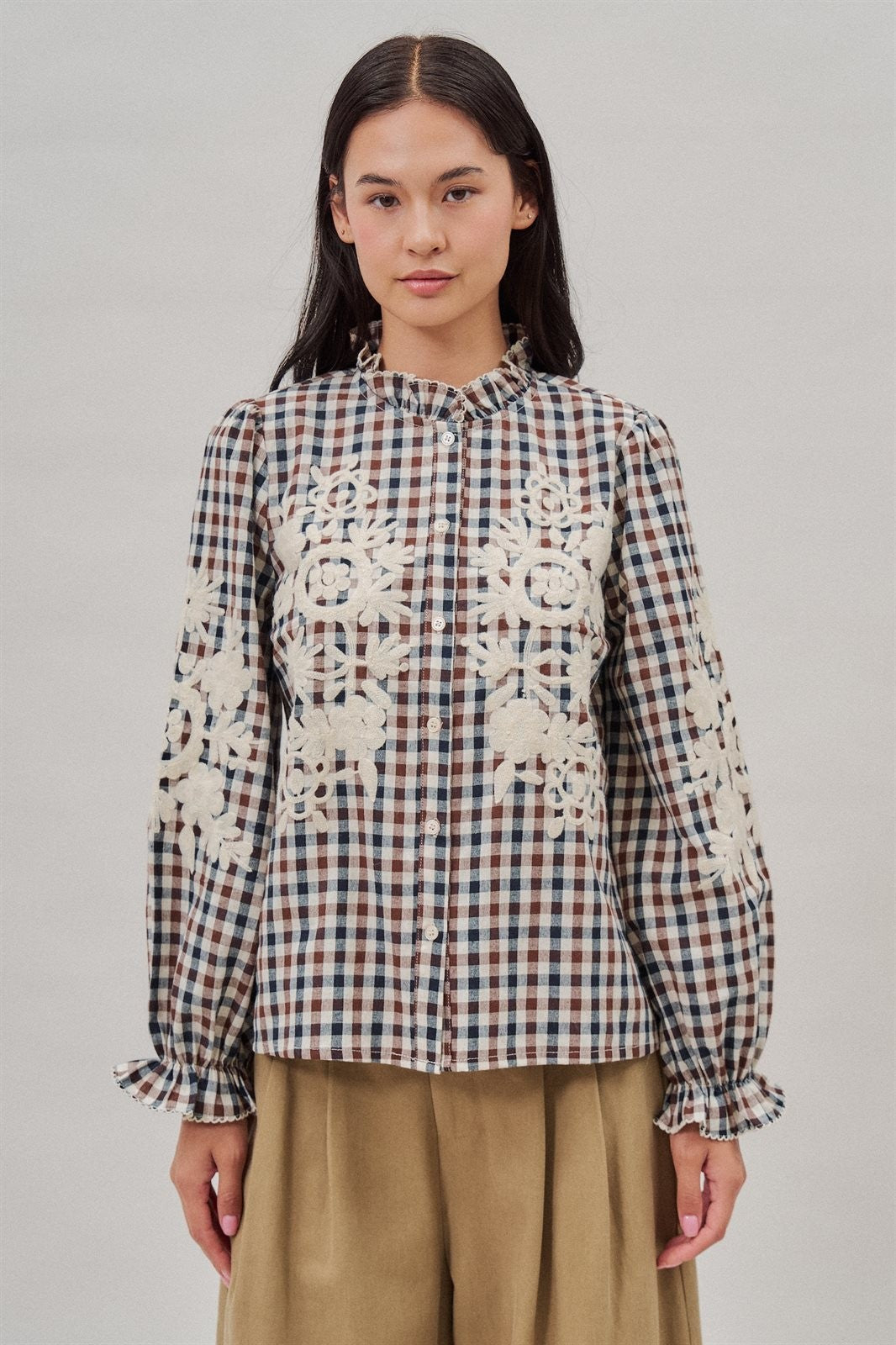 Floral Embroidered Gingham Blouse in Romantic Prairie Style in Brown Navy - Women's Wholesale Blankets | Trend Notes