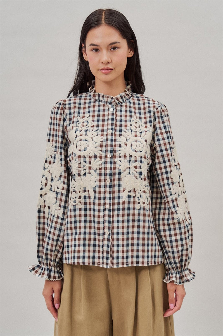 Floral Embroidered Gingham Blouse in Romantic Prairie Style in Brown Navy - Women's Wholesale Blankets | Trend Notes