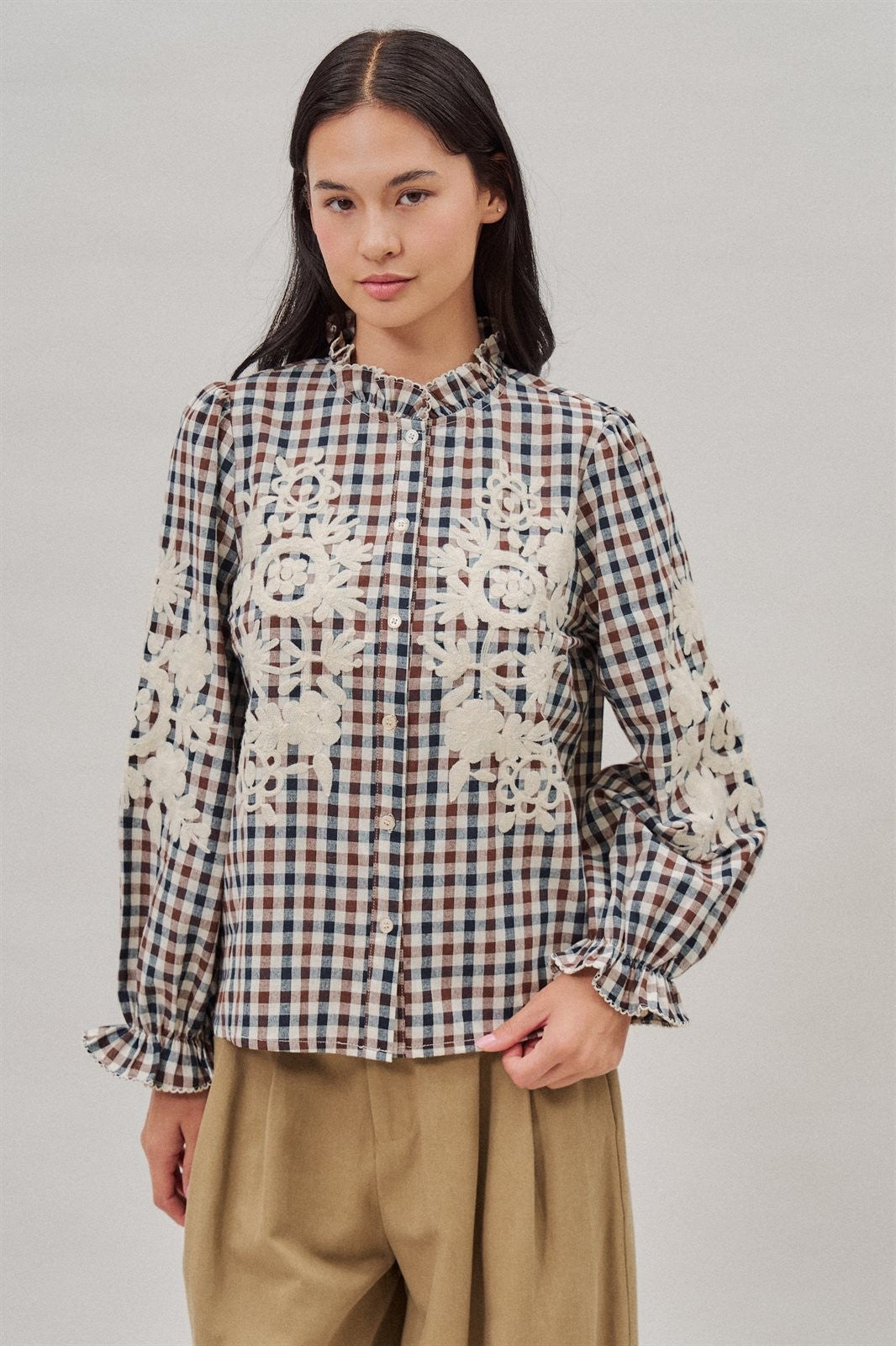 Floral Embroidered Gingham Blouse in Romantic Prairie Style in Brown Navy - Women's Wholesale Blankets | Trend Notes