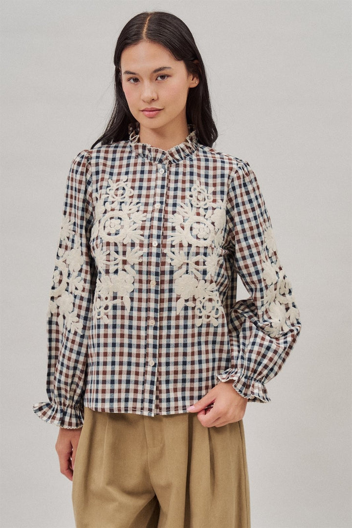 Floral Embroidered Gingham Blouse in Romantic Prairie Style in Brown Navy - Women's Wholesale Blankets | Trend Notes