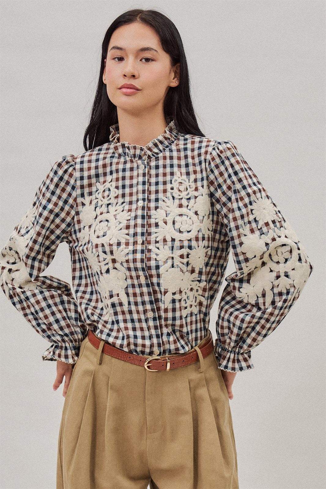Floral Embroidered Gingham Blouse in Romantic Prairie Style in Brown Navy - Women's Wholesale Blankets | Trend Notes