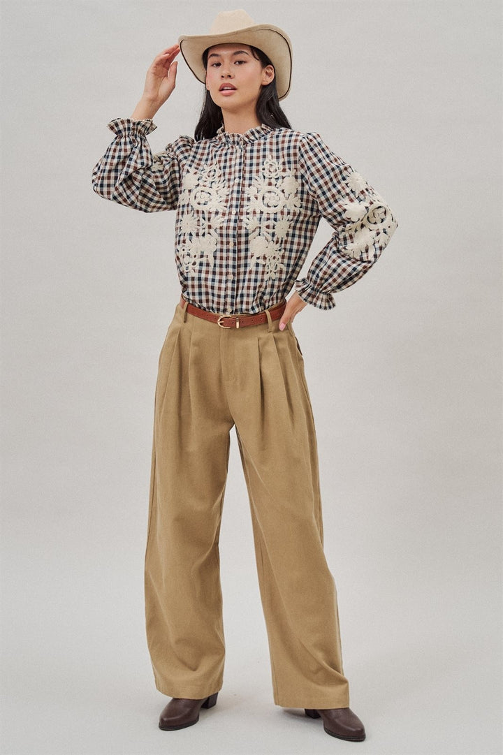 Floral Embroidered Gingham Blouse in Romantic Prairie Style in Brown Navy - Women's Wholesale Blankets | Trend Notes