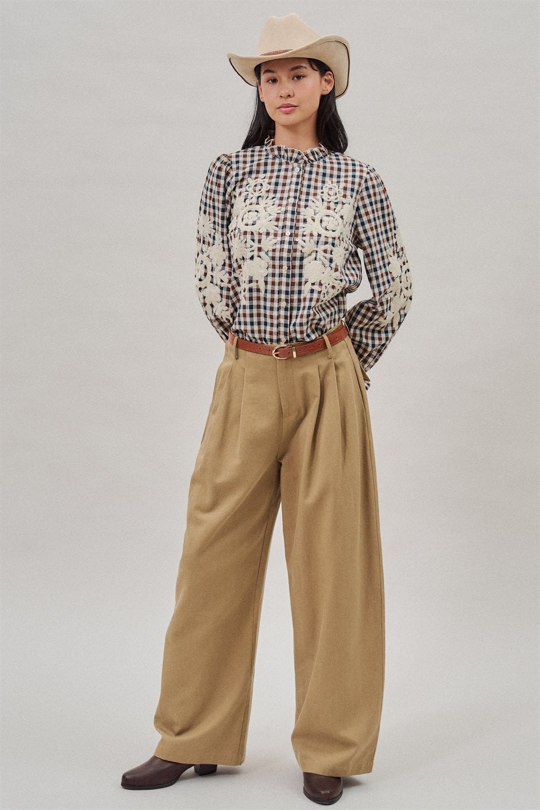 Floral Embroidered Gingham Blouse in Romantic Prairie Style in Brown Navy - Women's Wholesale Blankets | Trend Notes