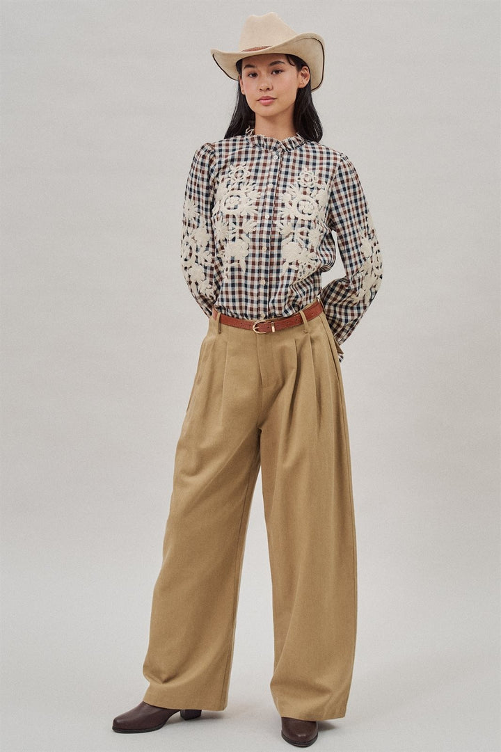 Floral Embroidered Gingham Blouse in Romantic Prairie Style in Brown Navy - Women's Wholesale Blankets | Trend Notes
