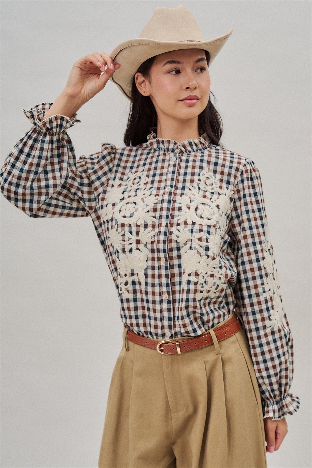 Floral Embroidered Gingham Blouse in Romantic Prairie Style in Brown Navy - Women's Wholesale Blankets | Trend Notes