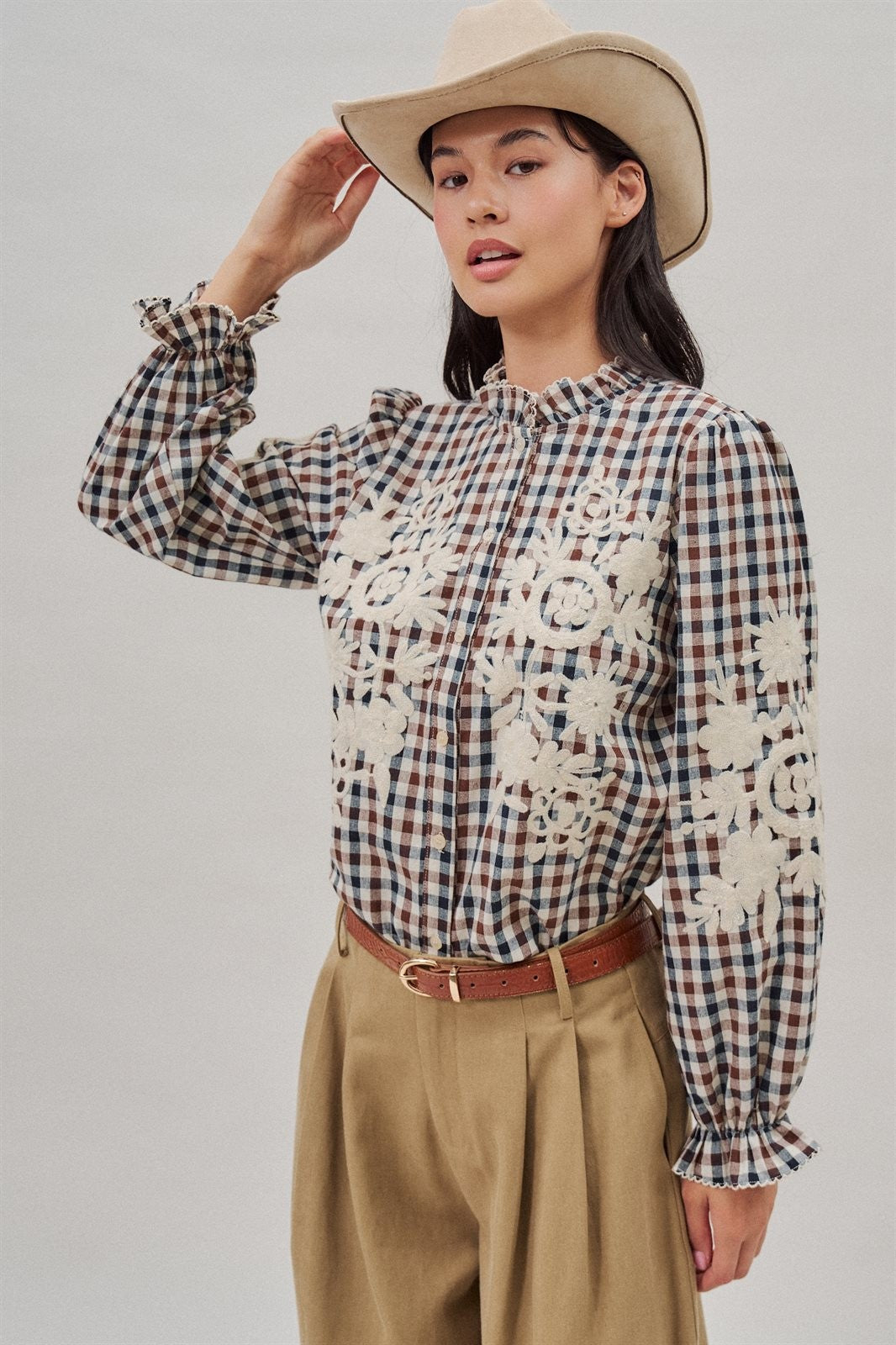 Floral Embroidered Gingham Blouse in Romantic Prairie Style in Brown Navy - Women's Wholesale Blankets | Trend Notes