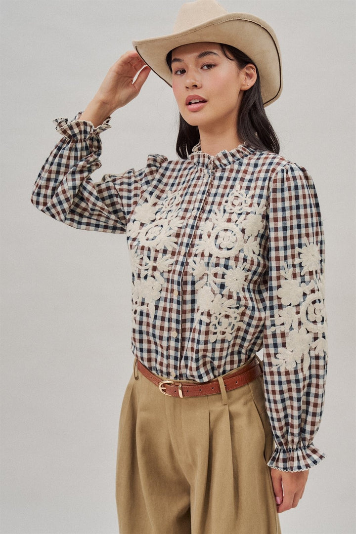 Floral Embroidered Gingham Blouse in Romantic Prairie Style in Brown Navy - Women's Wholesale Blankets | Trend Notes