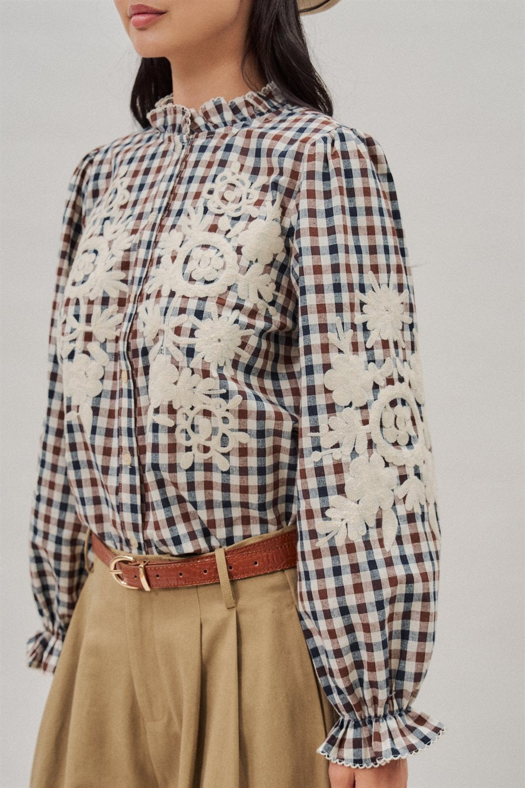 Floral Embroidered Gingham Blouse in Romantic Prairie Style in Brown Navy - Women's Wholesale Blankets | Trend Notes