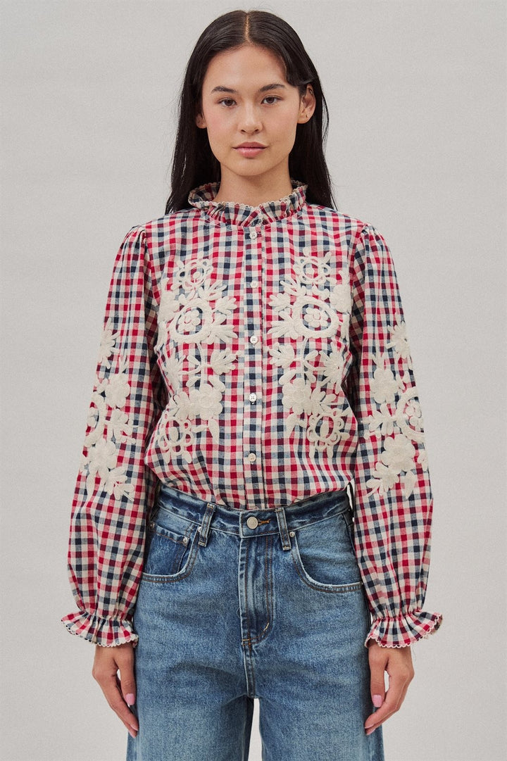 Floral Embroidered Gingham Blouse in Romantic Prairie Style in Brown Navy - Women's Wholesale Blankets | Trend Notes
